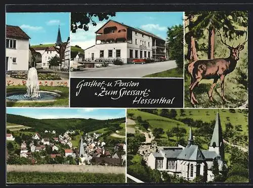 AK Hessenthal i. Spessart, Gasthof und Pension Zum Spessart, Ortsansicht mit Kirche aus der Vogelschau