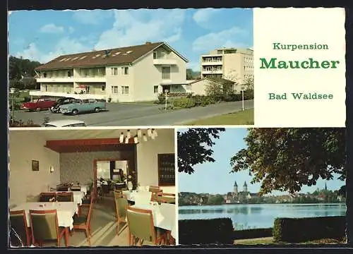 AK Bad Waldsee, Hotel-Kurpension Maucher, Badstrasse 22, Panorama und Seepartie