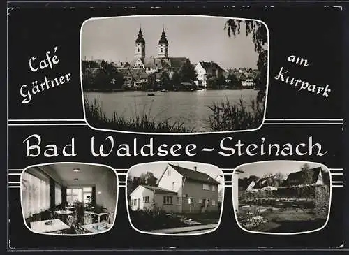 AK Bad Waldsee-Steinach, Café Gärtner am Kurpark, Panorama mit Seepartie