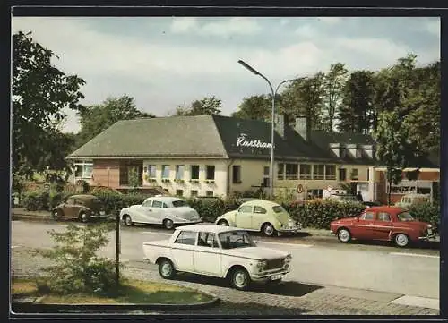 AK Autobahn-Rasthaus im Spessart, VW Käfer vor dem Motel