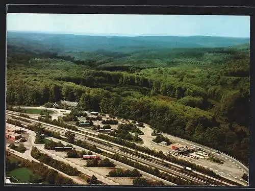 AK Rohrbrunn, Autobahn-Raststätte Rasthaus im Spessart vom Flugzeug aus gesehen