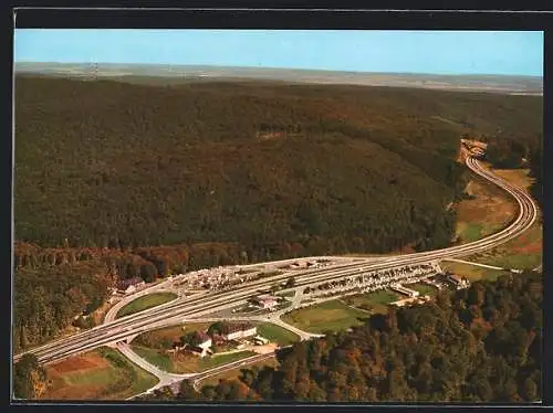 AK Rohrbrunn üb. Aschaffenburg, Autobahn-Raststätte Rasthaus im Spessart vom Flugzeug aus gesehen