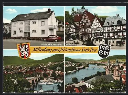 AK Miltenberg /Main, Heimathaus Kreis Dux, Marktplatz, Brücke und Totalansicht, Wappen