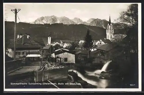 AK Schladming, Ortspartie mit Kirche und Dachstein