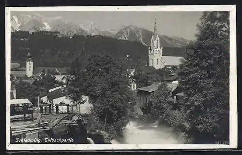 AK Schladming /Steiermark, Talbachpartie, Blick zur Kirche