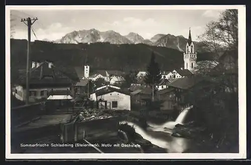 AK Schladming, Ortspartie mit Kirche und Dachstein