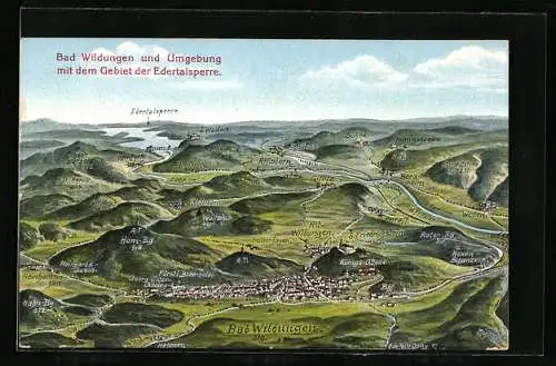 Künstler-AK Eugen Felle: Bad Wildungen, Panorama mit dem Gebiet der Edertalsperre