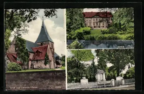 AK Leveste /Hann., Schloss, Kirche und Ehrenmal