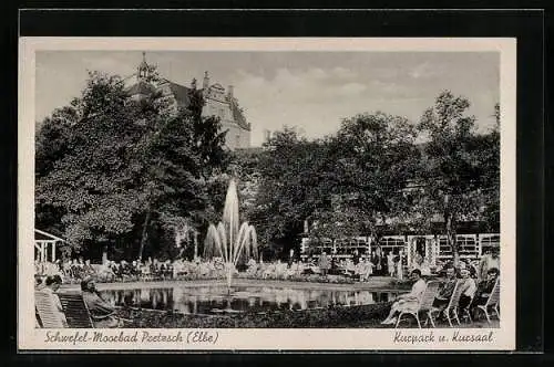 AK Pretzsch /Elbe, Kurpark und Kursaal mit Brunnen