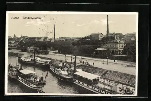 AK Riesa, Dampfschiff-Landungsplatz mit Ortsblick