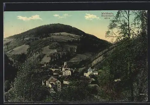 AK Waldbach /Stmk., Ortsansicht zwischen Bäumen hindurch
