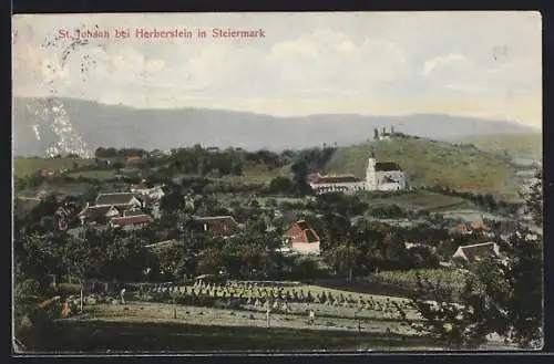 AK St. Johann bei Herberstein, Ortsansicht mit Kirche und Feld