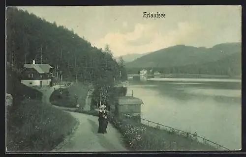 AK Mariazell, Erlaufsee, Spaziergängerin auf der Uferstrasse