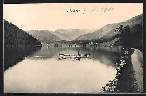 AK Erlaufsee, See mit Ruderer und Berpanorama