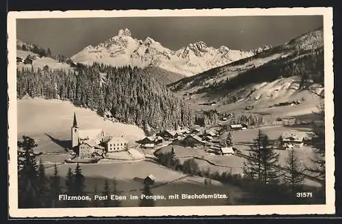 AK Filzmoos /Post Eben im Pongau, Ortsansicht mit Bischofsmütze im Schnee
