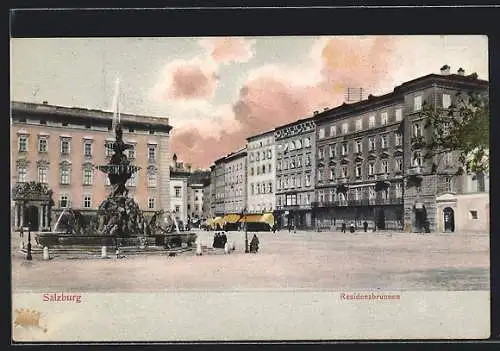 AK Salzburg, Residenzbrunnen mit Passanten