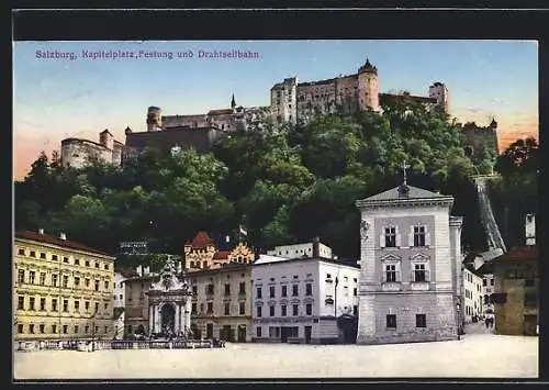 AK Salzburg, Kapitelplatz, Festung und Drahtseilbahn