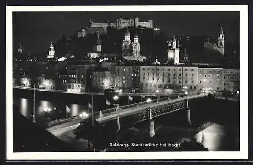 AK Salzburg, Staatsbrücke bei Nacht