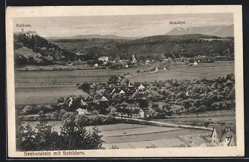 AK Seebenstein, Ortsansicht mit Schloss und Raxalpe