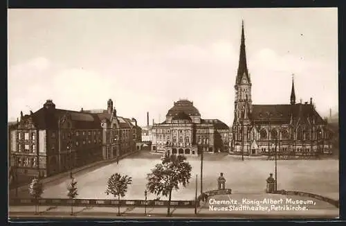 AK Chemnitz, König-Albert Museum, Neues Stadttheater und Petrikirche