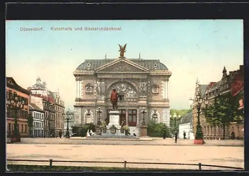 AK Düsseldorf, Kunsthalle und Bismarckdenkmal