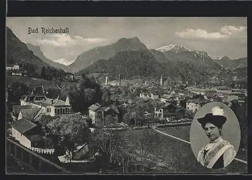 AK Bad Reichenhall, Ortsansicht mit Bergpanorama und Frauenporträt