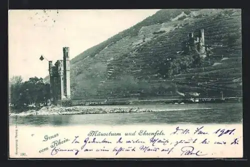 AK Rüdesheim am Rhein, Mäuseturm und Burgruine Ehrenfels