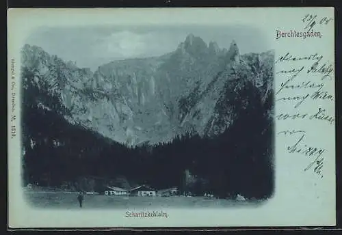 AK Berchtesgaden, Scharitzkehlalm mit Gebäuden vor Bergwand