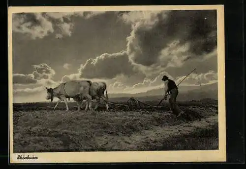 AK Rhön, Bauer beim Pflügen mit Ochsen-Gespann