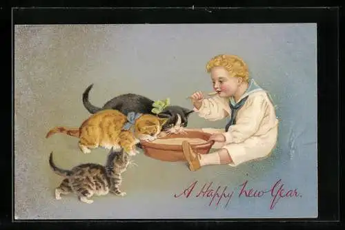 AK Junge isst mit Katzen aus einer Schüssel