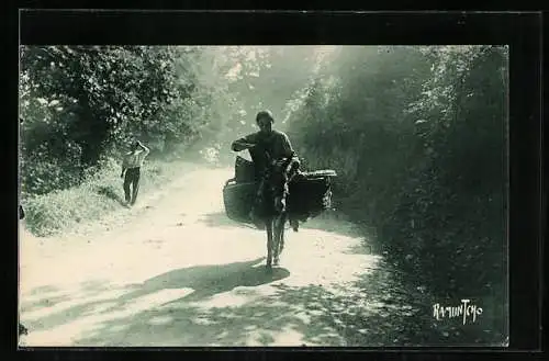 AK Reiterin auf Lastesel in den Pyrenäen