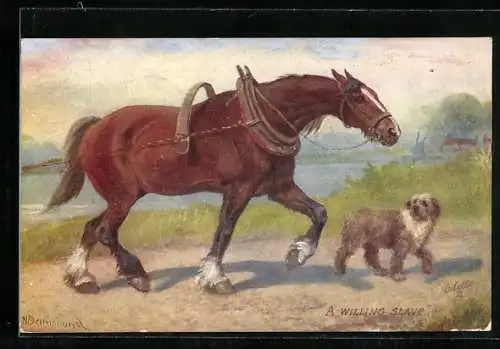 AK Arbeitspferd beim Ziehen einer Last, Hund