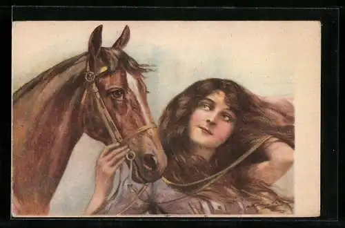 AK Pferd mit Zaumzeug und Mädchen