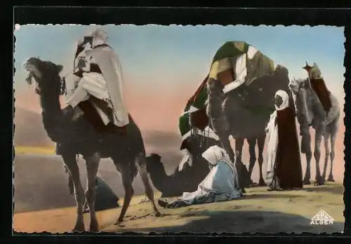 AK Algerien, Beduinen mit Kamelen in der Wüste