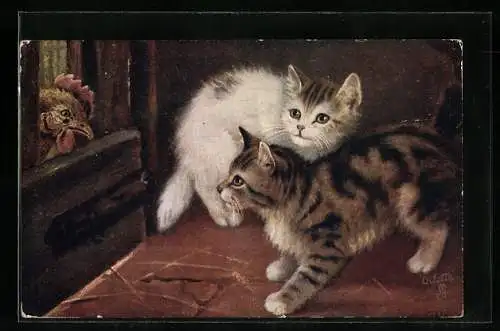 Künstler-AK Kleine Katzen ängstigen sich vor einem Huhn