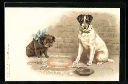 Lithographie Terrier sitzt mit seinem Spielgefährten neben einem Hut