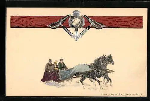 Präge-Lithographie Winterliche Pferdeschlittenfahrt mit Kutscher