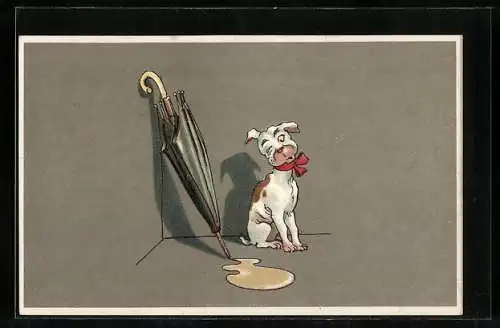 Präge-Lithographie Junger Hund beäugt Pfütze unter einem Regenschirm