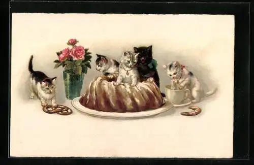 Lithographie Katzenwelpen auf einem Kuchen