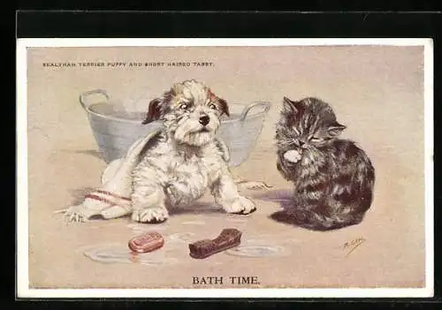 Künstler-AK Bath Time, Tierfreundschaft zwischen Terrier und Katze