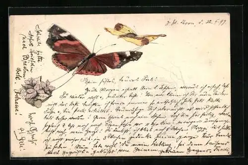 Präge-Lithographie Schmetterlinge ziehen einen Blumenkorb durch die Luft