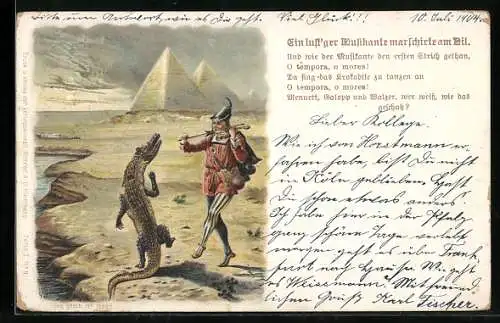 AK Musikant mit Geige am Nil, Krokodil tanzt