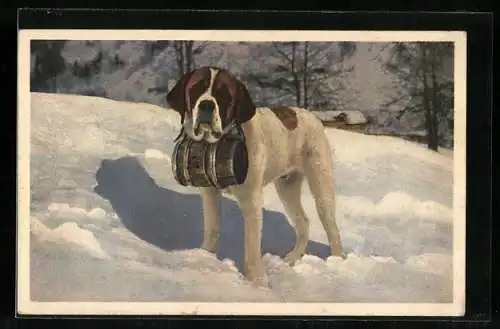 AK Bernhardiner mit Fass im Schnee