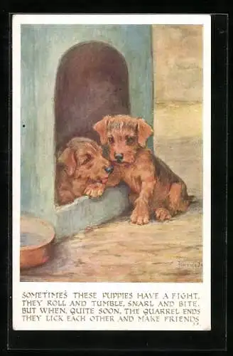 AK Zwei Hundwelpen vor der Hundehütte