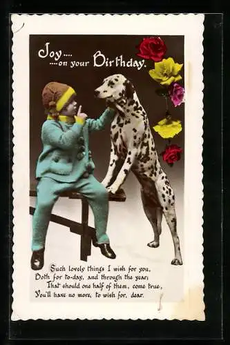 AK Kind mit einem Dalmatiner, Geburtstagsgruss