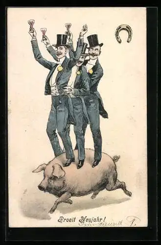 AK Drei jubelnde Männer im Anzug auf einem Schwein
