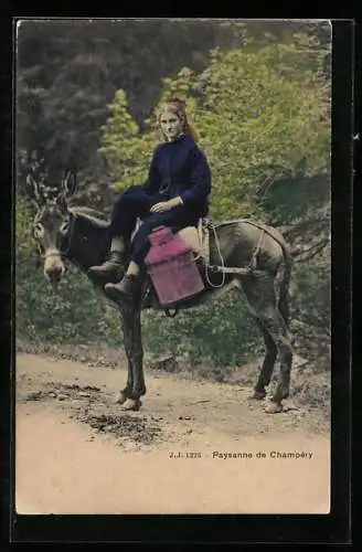 AK Champéry, Junge Bäuerin mit Milchkanne auf einem Esel