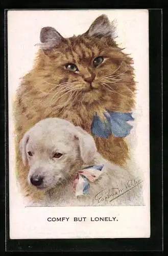 Künstler-AK Katze und Hundewelpe, Comfy but lonely