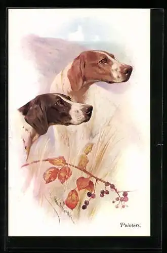 Künstler-AK Pointer-Jagdhunde und Brombeerzweig