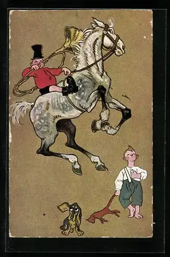 AK Reiter bläst in ein Horn, Hund